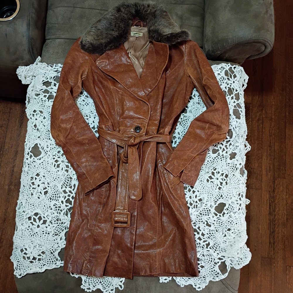 June Leather Penny Lane Coat With Faux Fur Collar Small Boho Shabby Chic Hippie